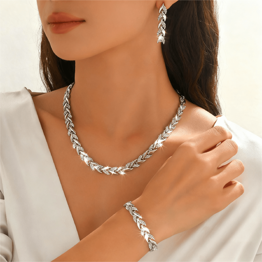 Elegantes Fischschwanz-Schmuckset mit Strass – Halskette, Armband & Ohrringe