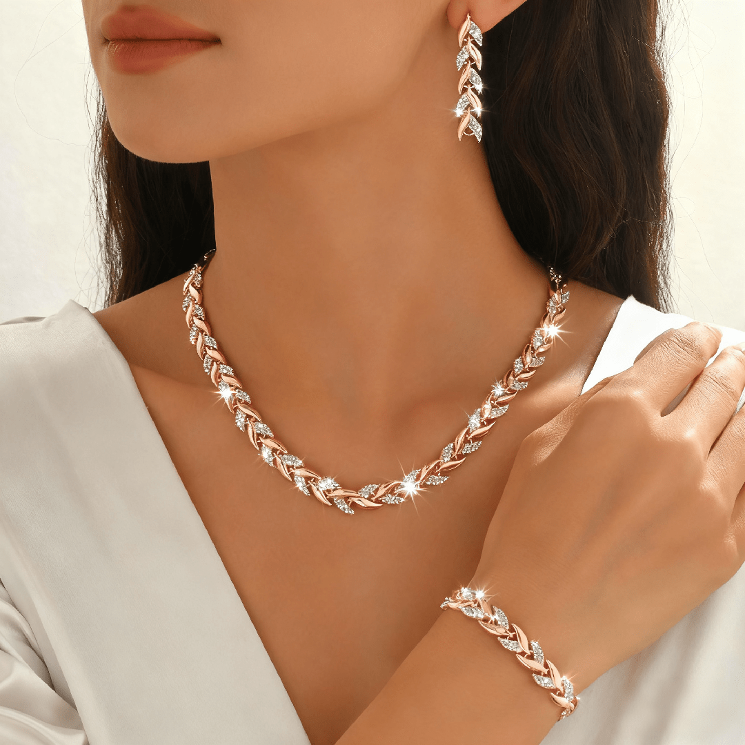 Elegantes Fischschwanz-Schmuckset mit Strass – Halskette, Armband & Ohrringe